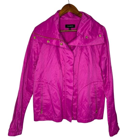 Talbots Womens 10 Rain Jacket Pink Zip Up Snap Pockets Vented Waterproof Fuchsia - Picture 1 of 8